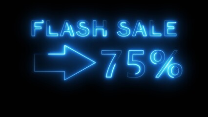 Neon counting percentage number on black background. Neon sale 75% number text illustration. Neon sale with arrow sign.