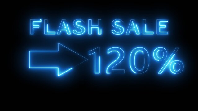 Neon counting percentage number on black background. Neon sale 120% number text illustration. Neon sale with arrow sign.