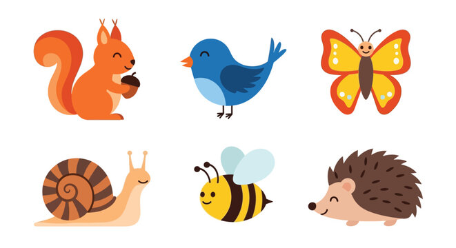 Cartoon illustrations of a squirrel bird butterfly snail bee and hedgehog