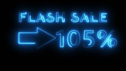 Neon counting percentage number on black background. Neon sale 105% number text illustration. Neon sale with arrow sign.