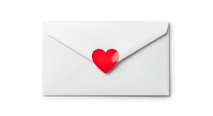 White Envelope with Red Heart Sticker on Blank White Background