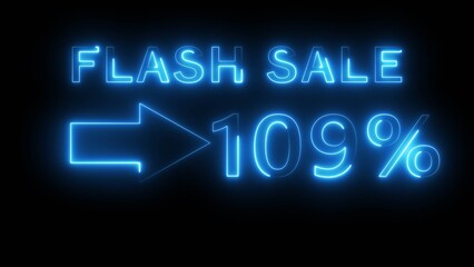Neon counting percentage number on black background. Neon sale 109% number text illustration. Neon sale with arrow sign.