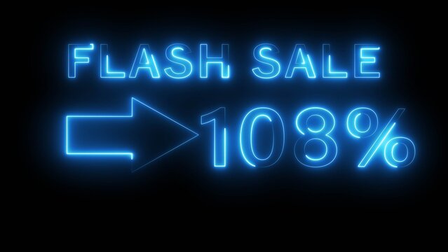 Neon counting percentage number on black background. Neon sale 108% number text illustration. Neon sale with arrow sign.