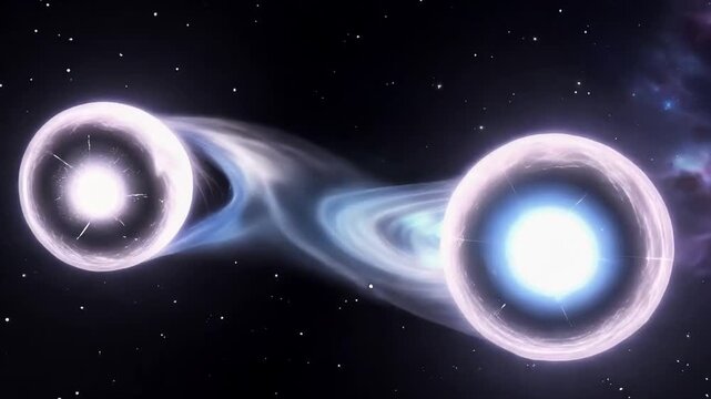 Digital image depicts two celestial objects surrounded by nebulas and other cosmic matter