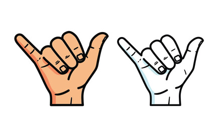 Obraz premium Two hands displaying the hang loose or shaka sign in different colors