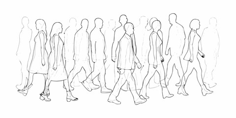 Obraz premium A group of people depicted as blurred line art walking together