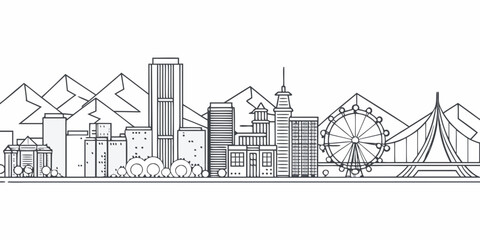 Obraz premium Linear illustration of a city skyline featuring landmarks and mountains