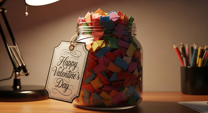 A jar filled with colorful Valentine's Day notes on a desk