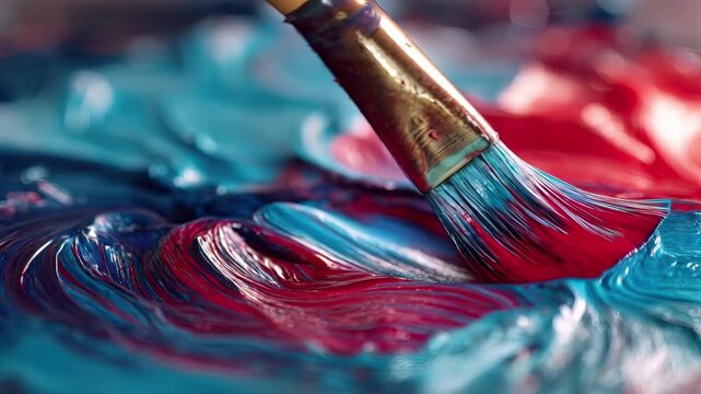 Macro close up of paintbrush mixing thick red and blue oil paint with texture