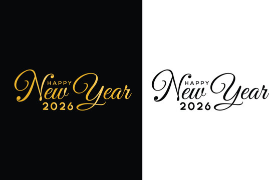 Gold and Black Happy New Year 2026 Elegant Cursive Typography vector