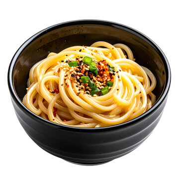 Dan zai noodles, a traditional taiwanese snack with minced meat, shrimp, and herbs in a savory broth, isolated on white background