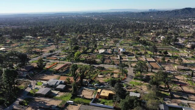 Drone view of empty lots of homes left behind from the Eaton fire, Pacific Palisades. January 2025, a series of 14 destructive wildfires affected the Los Angeles County in California, United States.