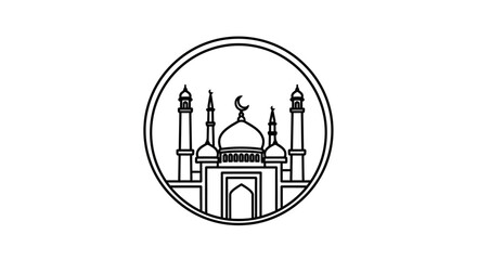 Fototapeta premium grand mosque building with multiple minarets and dome inside a circular frame line art drawing vector illustration design for ramadan
