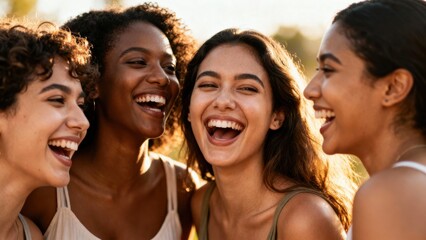 Fototapeta premium women leaders empowerment feminism unity concept. Four women laughing together in a joyful moment outdoors.