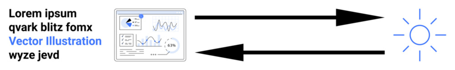 Data flow management, information exchange, technology processes, business analytics, communication flow, and IT systems. Two arrows linking a chart block and a light symbol. Data flow management © robu_s