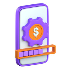 3D render of a smartphone screen with a gear dollar coin and a progress bar for transaction processing