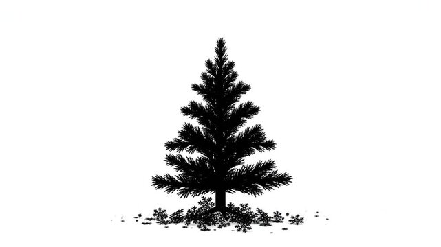 Silhouette of a fir tree with falling snowflakes against a white backdrop