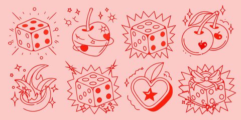 Red line art illustration featuring dice cherries apples and banana