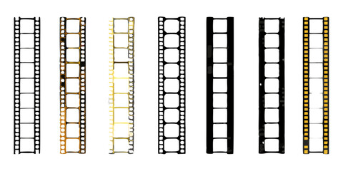 Four arrangements of golden rectangular perforated blocks on black background