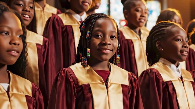 Children's choir singing with joyful expressions in a church