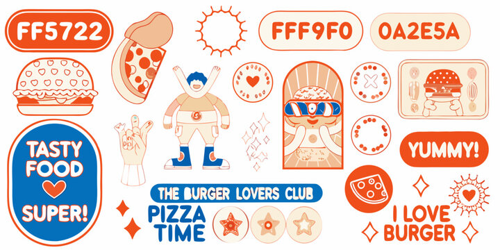 Colorful sticker collection featuring fast food items and playful designs