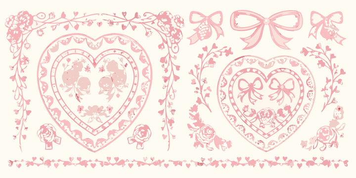 Vintage pink floral heart and bow decorative elements on a cream background