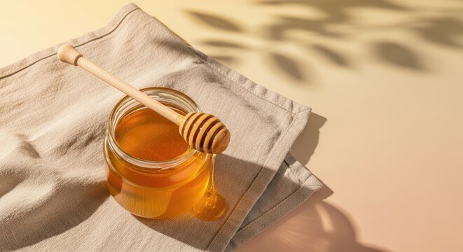 A jar of honey with a wooden dipper on a beige cloth, with a light brown background and a shadow of a leaf.