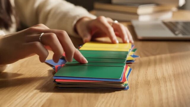 Close-up of hands arranging colorful learning cards on a desk with cinematic texture and shallow depth of field