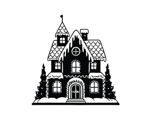 Obraz premium Festive Gingerbread House Icon with Snow-Covered Roof and Wintry Trees, Symbolizing Holiday Cheer and Christmas Spirit
