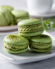 colorful matcha macaroons on a table
