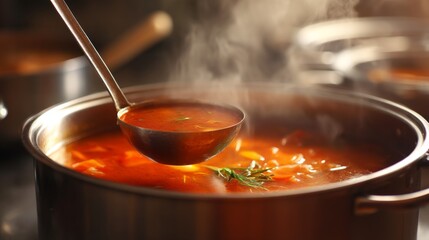 Fototapeta premium Delicious Hot Soup in a Pot with Fresh Vegetables and Steam Rising, Close-Up View of Ladle Scooping Flavorful Broth with Herbs for Comfort Food Lovers