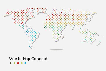 Fototapeta premium Abstract dotted world map illustration with colorful regions and a minimalist style