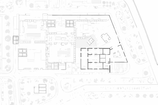 Architectural plan of a modern building with surrounding landscape details