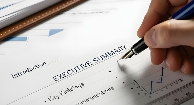 Close up of a person using a fine black fountain pen to review important sections of a business executive summary report.