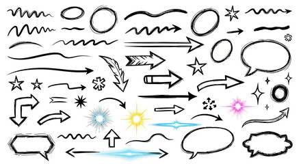 Collection of hand-drawn sketchy arrows, circles, underlines, and speech bubbles with sparkle effects.
