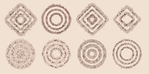 Abstract geometric patterns circles squares and spirals in brown tones