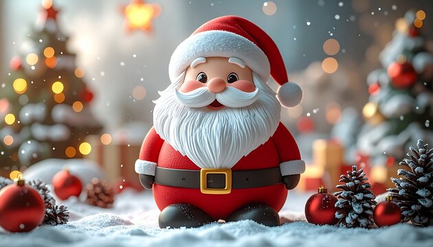 Adorable cartoon character with a white beard and red suit amid snowy holiday cheer