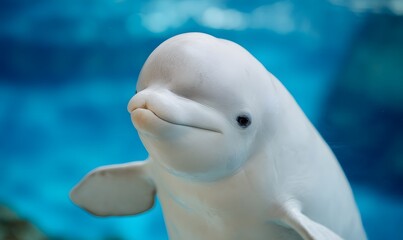 Naklejka premium cute beluga whale face close-up, round head, gentle smile, soft expressive eyes