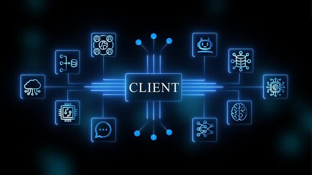 Client server network concept with glowing blue and connections representing data exchange and communication technology