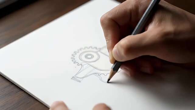 Close-up of a hand using a graphite pencil to sketch an intricate mechanical gear design on white paper.