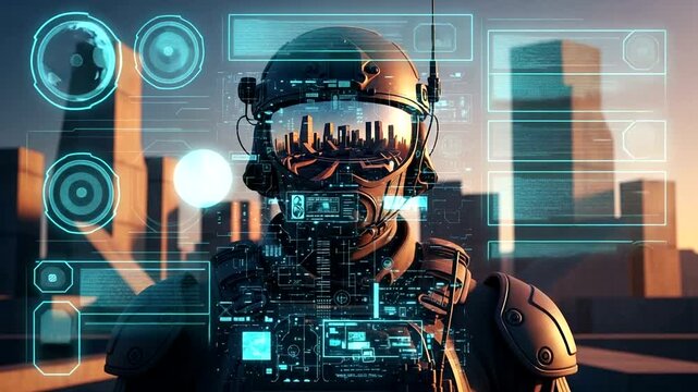 Futuristic Soldier with Advanced Technology and Cityscape Background.