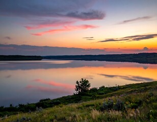 Obraz premium A serene landscape of a body of water at sunset with a tree