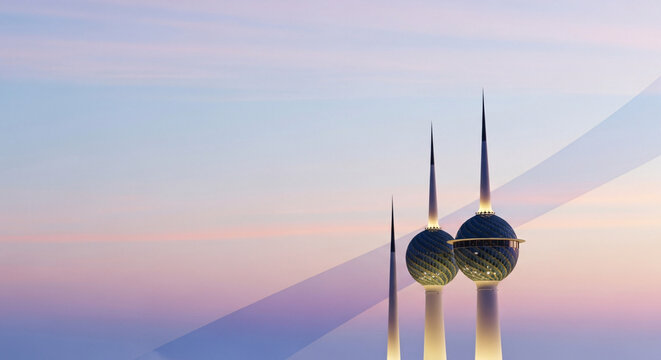 Kuwait Towers illuminated against pastel sky at dusk - Concept of Kuwait National Day  