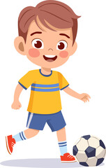 flat vector illustration of a young boy playing soccer game