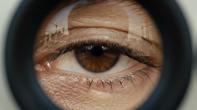 Intense close-up of a brown eye looking through a circular device, reflecting an industrial skyline.