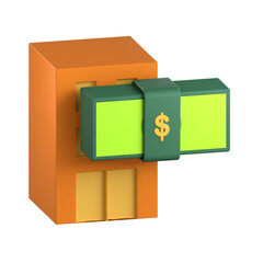 Obraz premium A 3D icon showing a bundle of green cash attached to an orange building structure