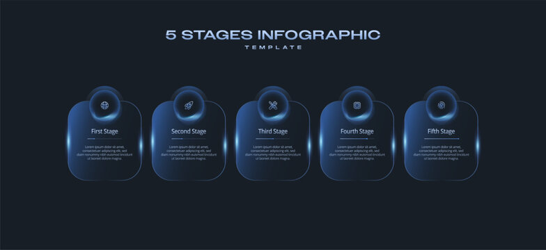 Infographic Tech Template with Minimal Neon Gradient Elements. UI Interface Linear Layout 5 Step diagram. Presentation graph. Business concept with number and icon 5 options or stages. Dark Vector inf