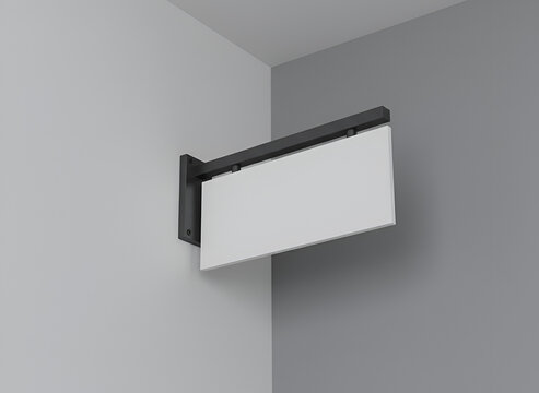 A blank rectangular projecting business sign mockup is mounted on a modern corner wall bracket indoors