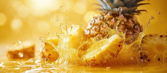 Juicy pineapple chunks splash, golden background
