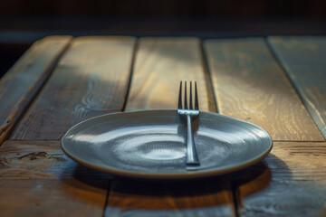 Fototapeta premium Food insecurity concept, empty plate and fork on wooden table, minimal dramatic lighting.